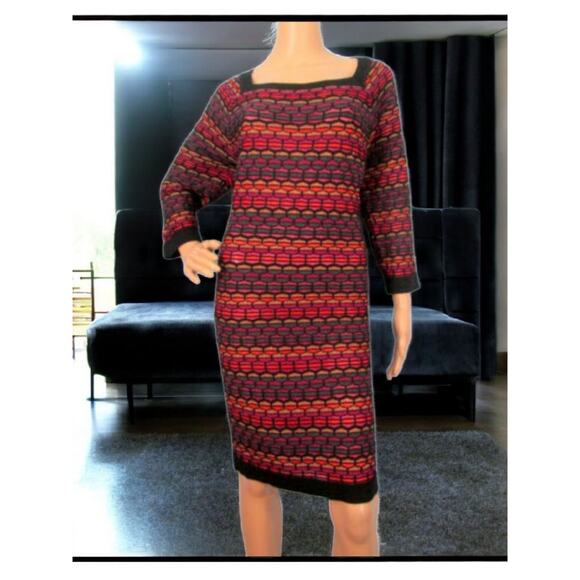 Lane Bryant Sweater Dress 18/20 Striped Square Neck Knit Gold Knee Lenth Pnk Blk - Picture 1 of 9